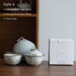 3.4oz japanese ceramic travel tea set style a with cat botanical pattern