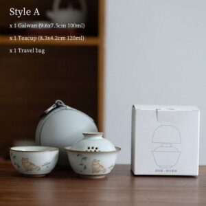 3.4oz japanese ceramic travel tea set style a with cat botanical pattern