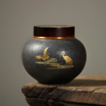 Japanese crane motif ceramic japanese tea bowl storage canister dark gray gold