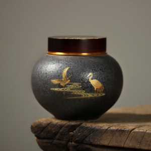 Japanese crane motif ceramic japanese tea bowl storage canister dark gray gold