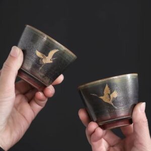 handcrafted japanese golden crane tea cup ceramic 3oz