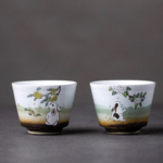 close up of hand-painted cute rabbit japanese tea bowl