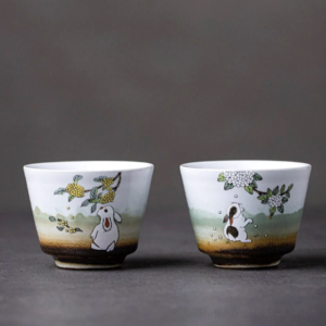 close up of hand-painted cute rabbit japanese tea bowl