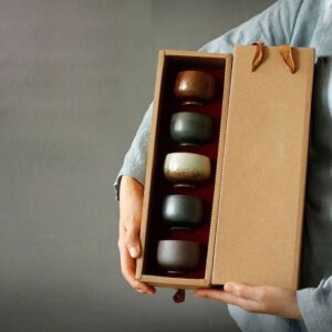 full view of five-piece japanese five elements ceramic japanese tea bowl set