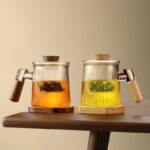 japanese style glass tea infuser mug with wooden handle overall view