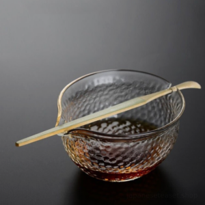 9oz japanese hammered glass fairness cup with bamboo spoon full product view