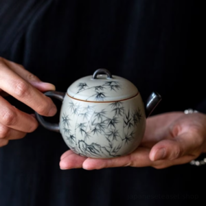 japanese hand-painted blue white bamboo ceramic teapot main view