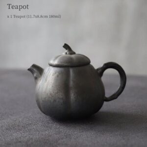 full product view of japanese handcrafted dark grey ceramic pumpkin teapot