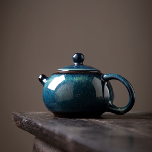 japanese style jianzhan teapot blue green hare fur glaze front view
