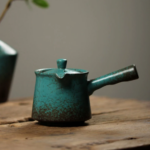 full side view of blue green crackle glaze japanese kyusu teapot 7oz