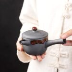 handcrafted charcoal gray red glaze japanese kyusu teapot full view