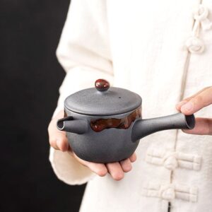 handcrafted charcoal gray red glaze japanese kyusu teapot full view