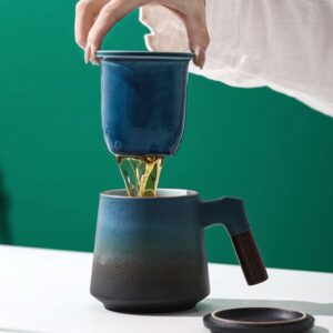 japanese loose leaf tea infuser mug with ceramic body and wood handle 14oz