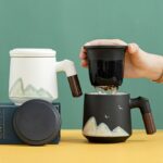 japanese loose leaf tea infuser mug with wooden handle and ceramic lid