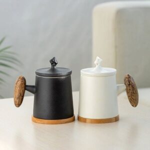 japanese loose leaf tea infuser mug with ceramic filter lid bamboo coaster