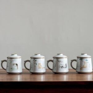 japanese loose leaf tea infuser mug with hand drawn cat pattern 13oz