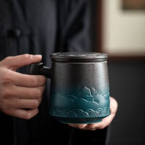 japanese 15oz loose leaf tea infuser mug with infuser lid and wood handle
