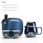 blue japanese maneki-neko ceramic travel tea set full components with travel bag