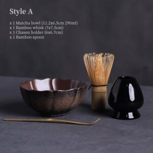 Complete traditional Japanese matcha set style A with ceramic chawan bowl bamboo whisk