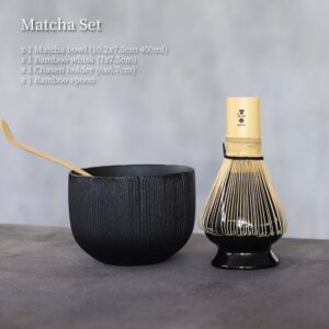 complete traditional japanese matcha set with black chawan, bamboo chasen, chashaku and naoshi holder