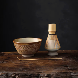 full arrangement of complete traditional japanese matcha set with all tools