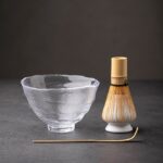 full complete japanese matcha set with glass chawan bowl bamboo whisk spoon ceramic holder