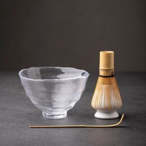 full complete japanese matcha set with glass chawan bowl bamboo whisk spoon ceramic holder