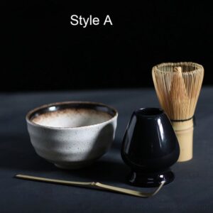 complete 4 piece japanese matcha set style a with matcha bowl, whisk, holder and spoon