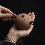 handmade japanese mini clay teapot with silver trim 3.7oz full view