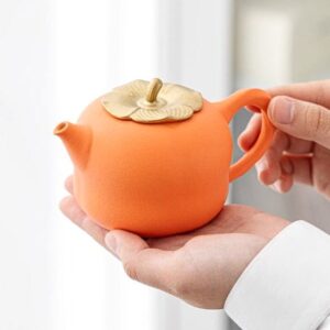 full view of japanese persimmon shape ceramic tea set with teapot teacups and tray