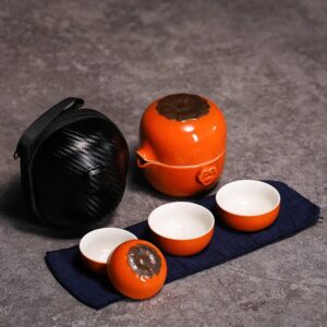 full set display of 6oz japanese persimmon ceramic portable travel tea set with travel bag