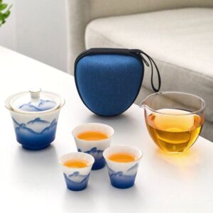 full complete porcelain japanese travel tea set with blue padded carrying case