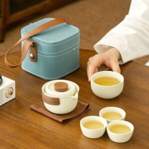 full view of japaense portable porcelain travel tea set with carry case