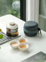 full opened japanese portable travel glass tea set with teapot teacups and carrying case