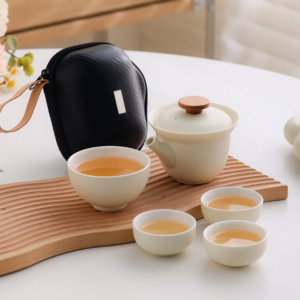 portable japanese travel tea set with teapot and four cups beige variant full view