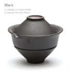 black japanese portable travel tea set with gaiwan and two teacups