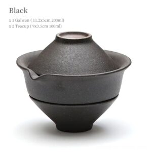 black japanese portable travel tea set with gaiwan and two teacups