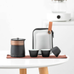 portable japanese travel tea set with walnut wood accent full set view