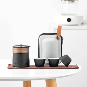 portable japanese travel tea set with walnut wood accent full set view
