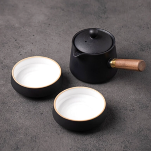full view of 6.4oz matte black ceramic japanese portable travel tea set with 2 teacups