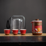 japanese style red ceramic portable travel tea set full view with carry bag
