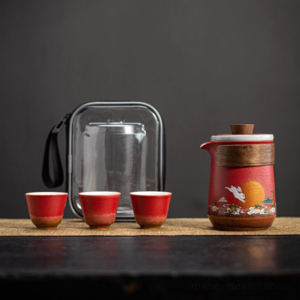 japanese style red ceramic portable travel tea set full view with carry bag