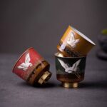 japanese red crane ceramic tea cup with copper base