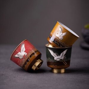 japanese red crane ceramic tea cup with copper base