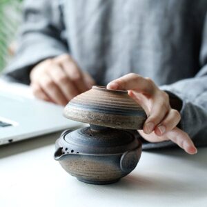 6oz Japanese rough clay portable travel tea set 1 teapot 1 cup overall view