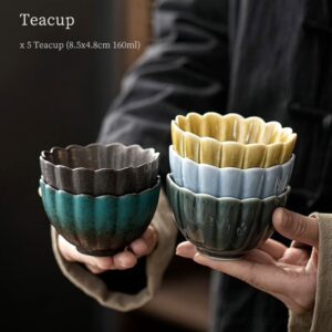 set of 5 different colored japanese style ru kiln lotus petal japanese tea cups