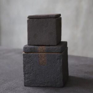 japanese square ceramic loose leaf tea canister deep charcoal with brown band