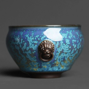handmade kiln change japanese tea bowl with lion head accent blue glaze