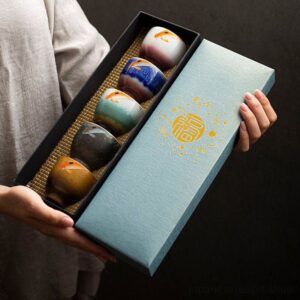 full set of five japanese tea bowls in gift packaging