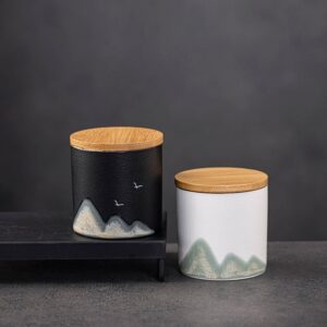 japanese tea bowl style ceramic tea caddy black variant with landscape painting